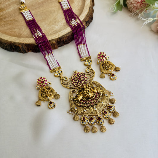 Ruby White Laxmi Ji Motif Long Necklace Set
