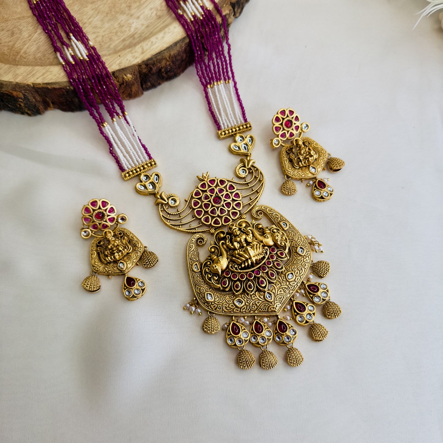 Ruby White Laxmi Ji Motif Long Necklace Set