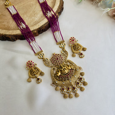 Ruby White Laxmi Ji Motif Long Necklace Set
