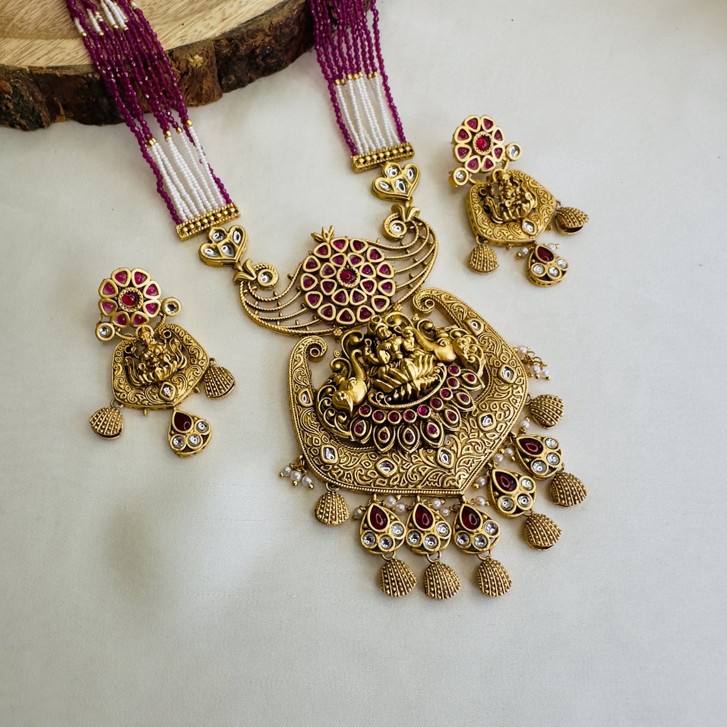 Ruby White Laxmi Ji Motif Long Necklace Set