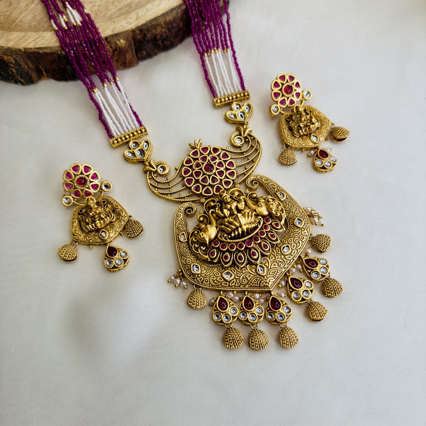 Ruby White Laxmi Ji Motif Long Necklace Set