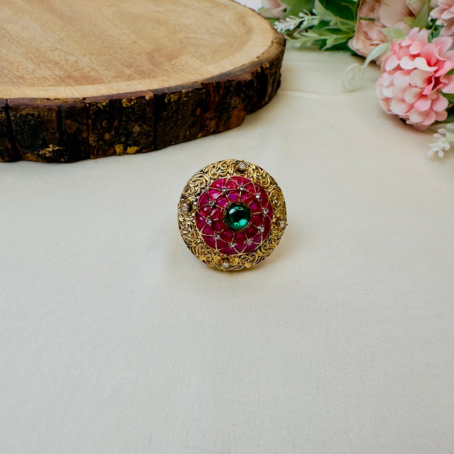 Ruby Green Circular Rajwadi Ring