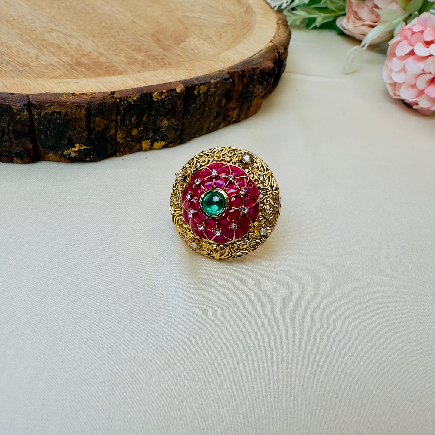 Ruby Green Circular Rajwadi Ring