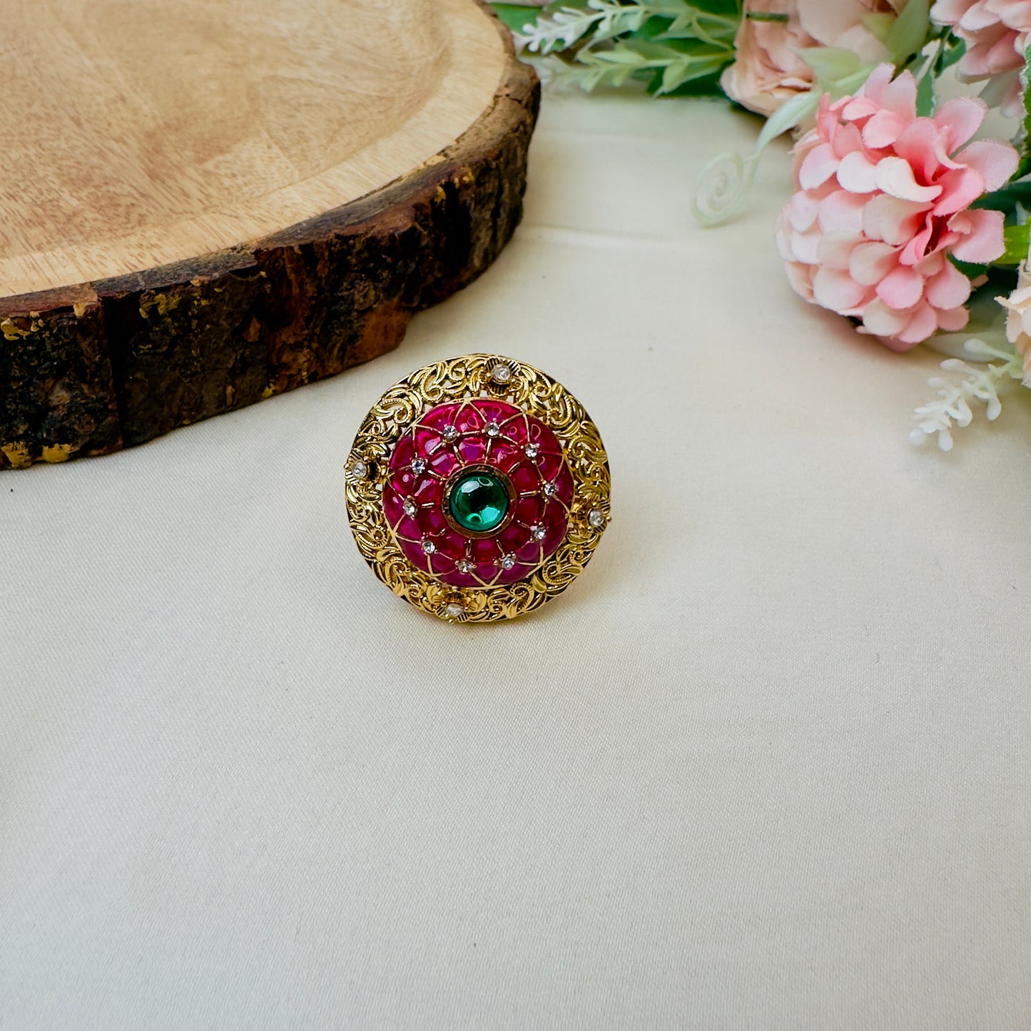 Ruby Green Circular Rajwadi Ring