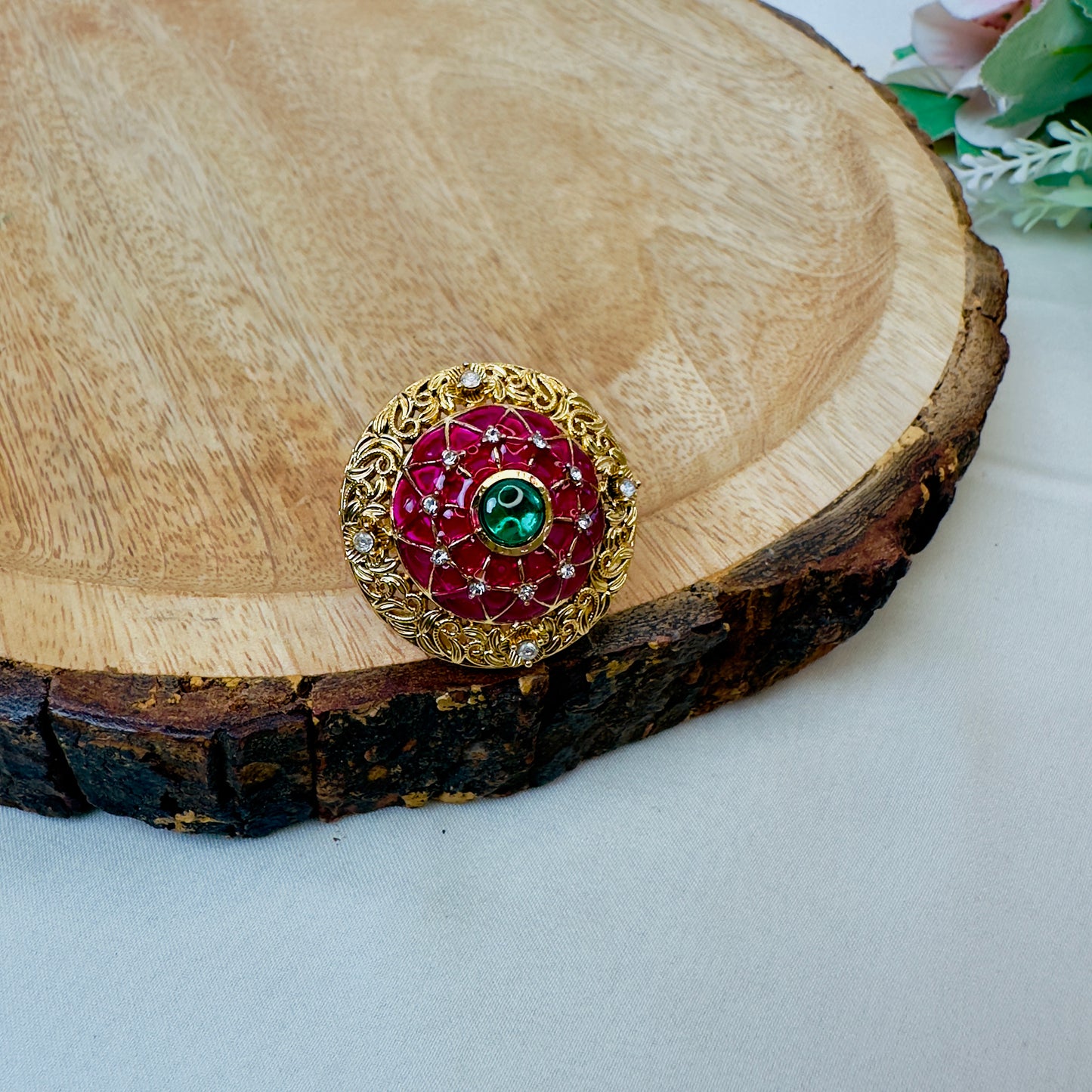 Ruby Green Circular Rajwadi Ring