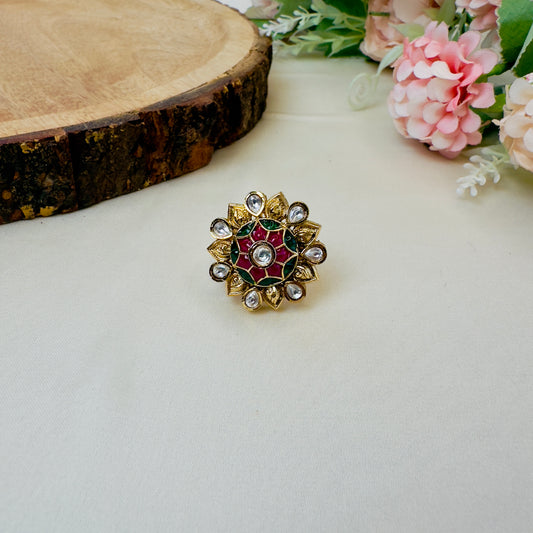 Multicolor Flower Design Kundan Ring