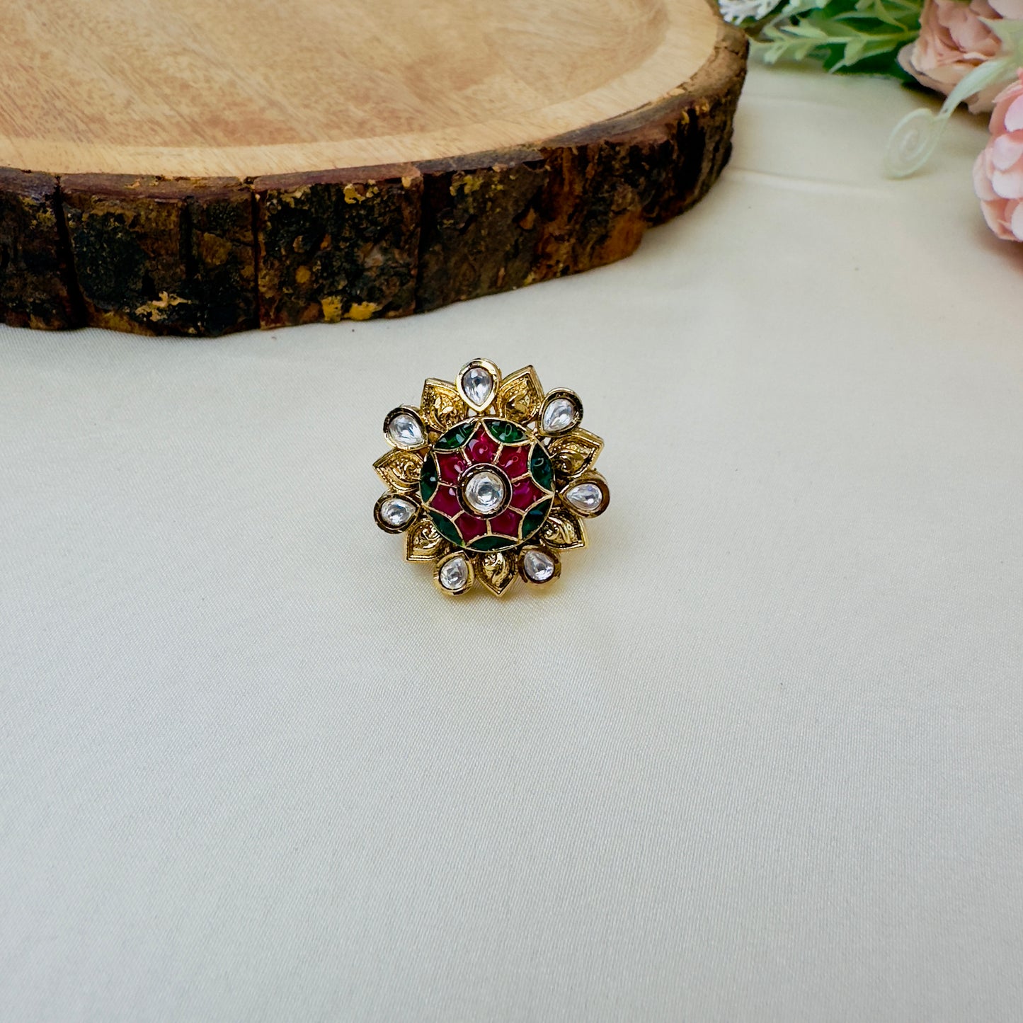 Multicolor Flower Design Kundan Ring