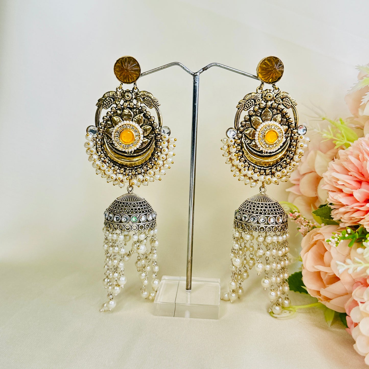 Dualtone Silver Replica Moti Jhumka Earrings