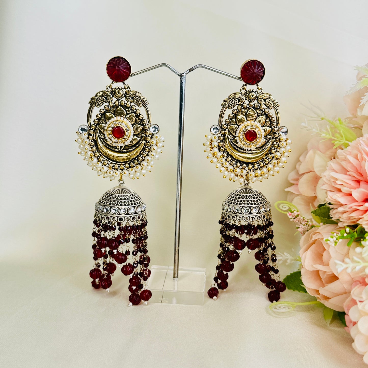 Dualtone Silver Replica Moti Jhumka Earrings
