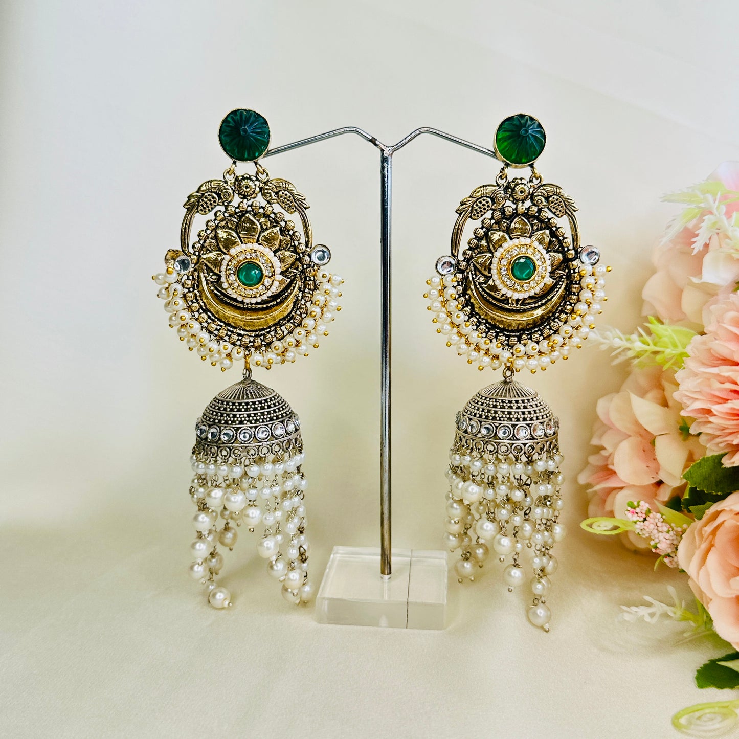 Dualtone Silver Replica Moti Jhumka Earrings