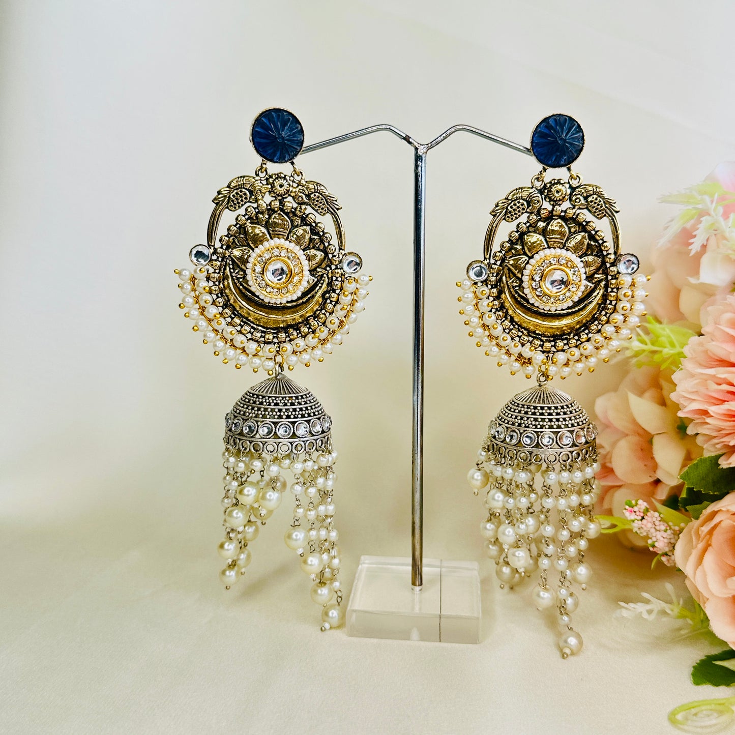 Dualtone Silver Replica Moti Jhumka Earrings