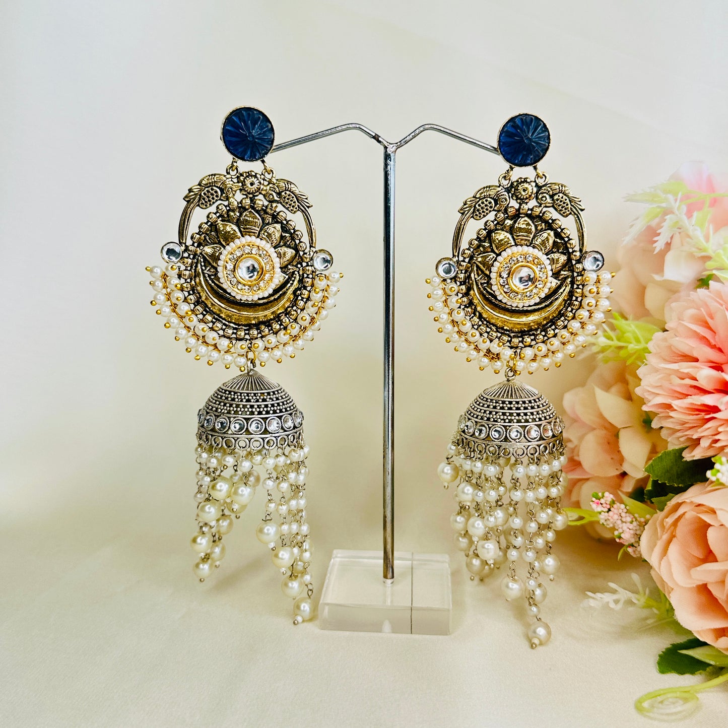 Dualtone Silver Replica Moti Jhumka Earrings