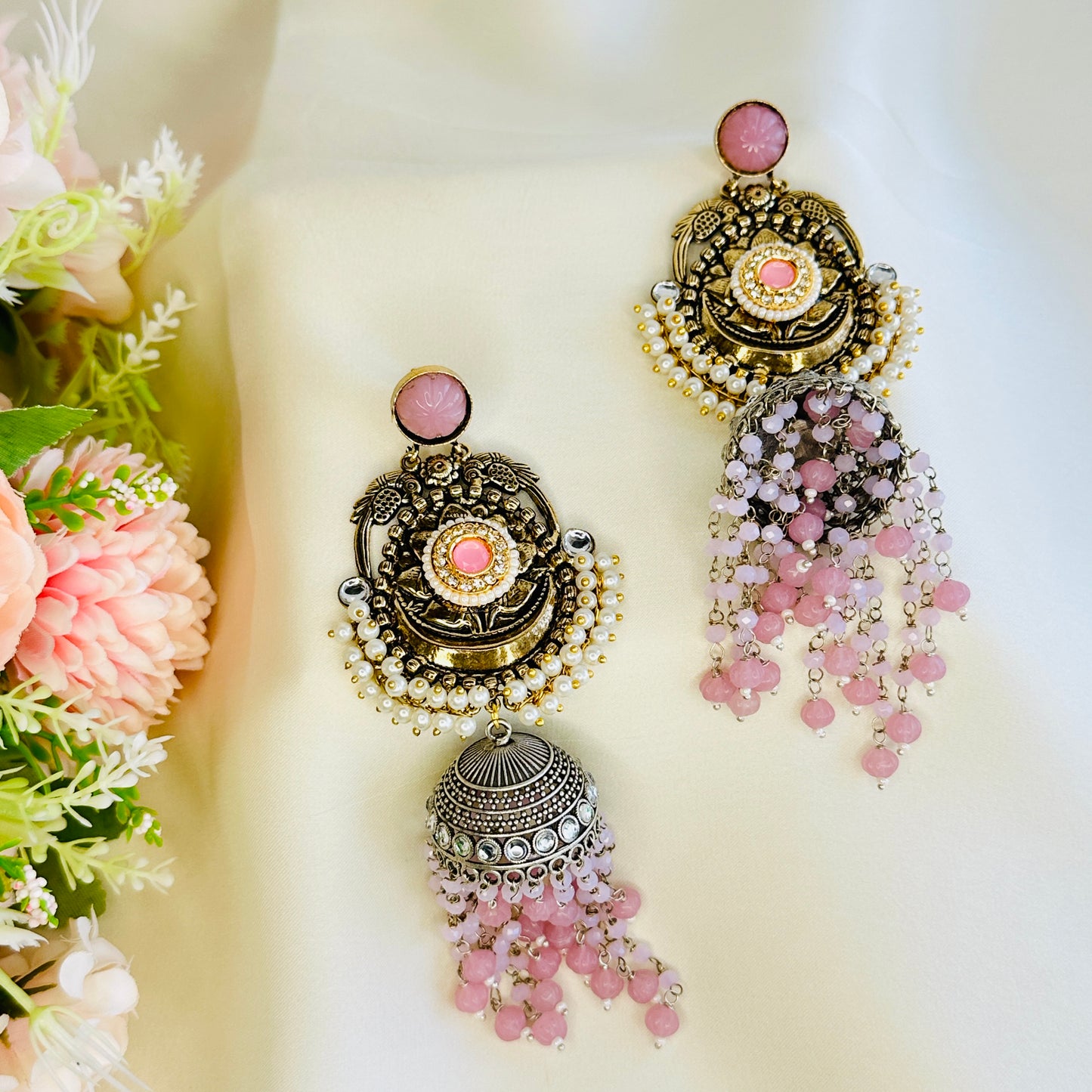 Dualtone Silver Replica Moti Jhumka Earrings