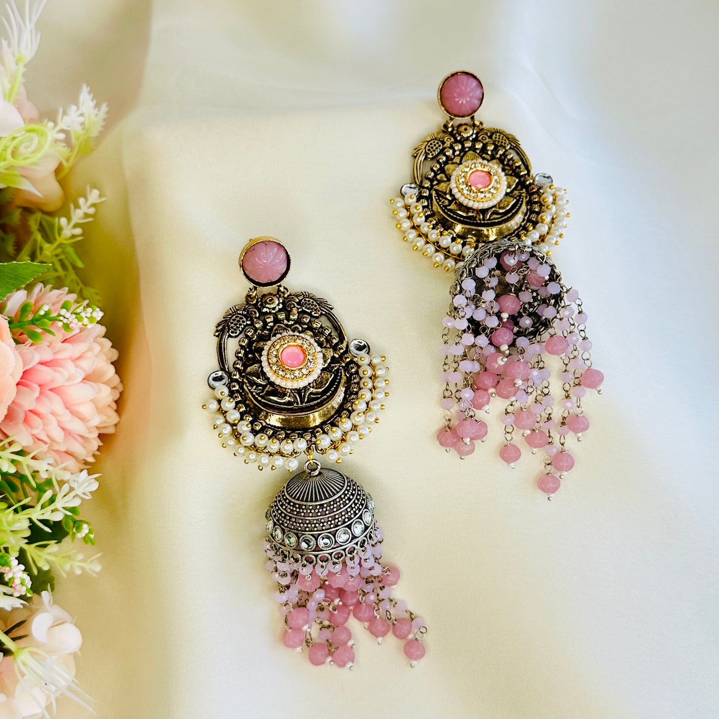 Dualtone Silver Replica Moti Jhumka Earrings