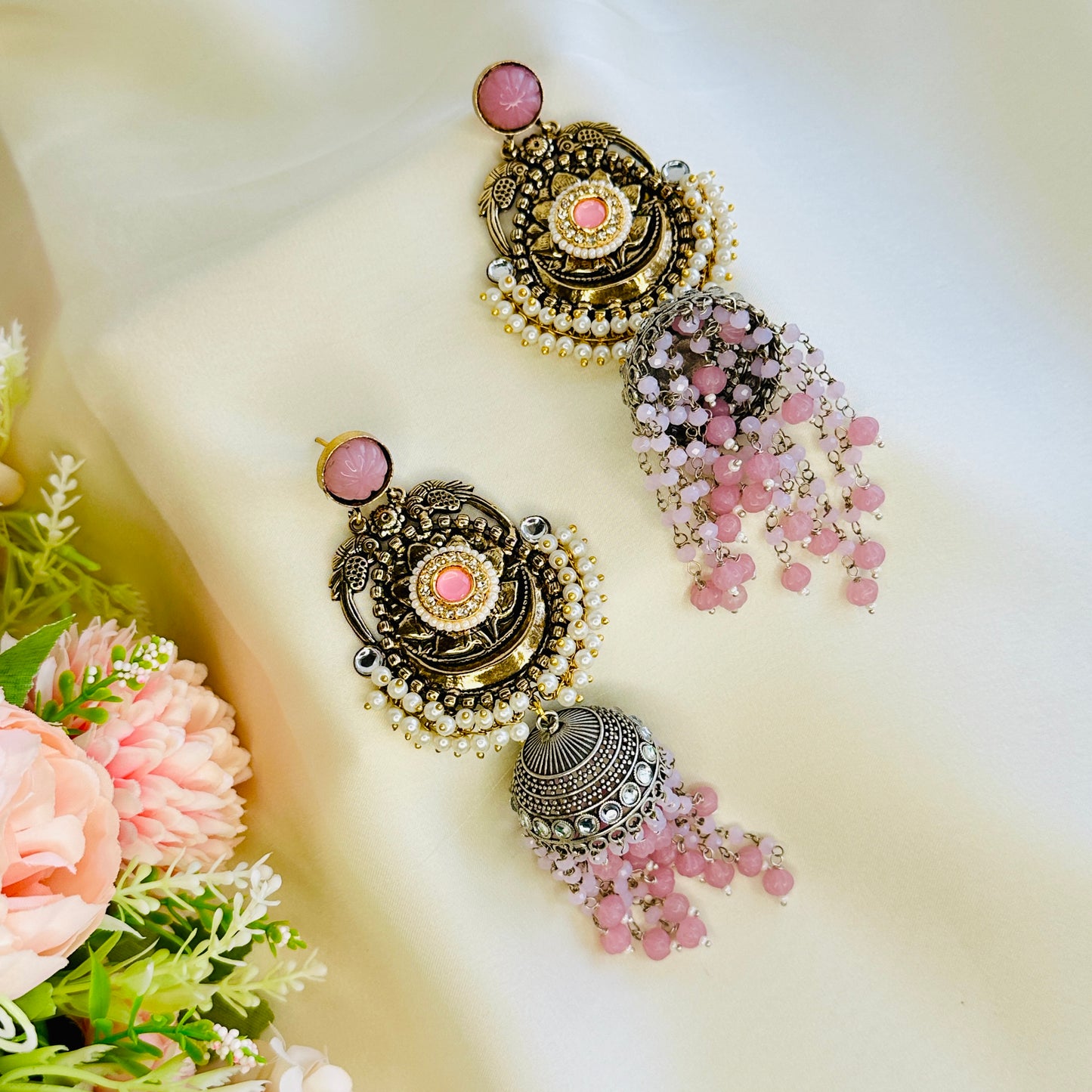 Dualtone Silver Replica Moti Jhumka Earrings