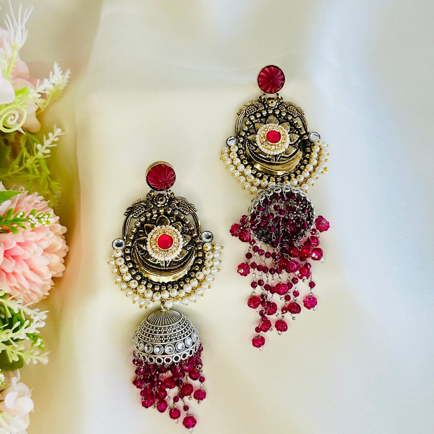 Dualtone Silver Replica Moti Jhumka Earrings
