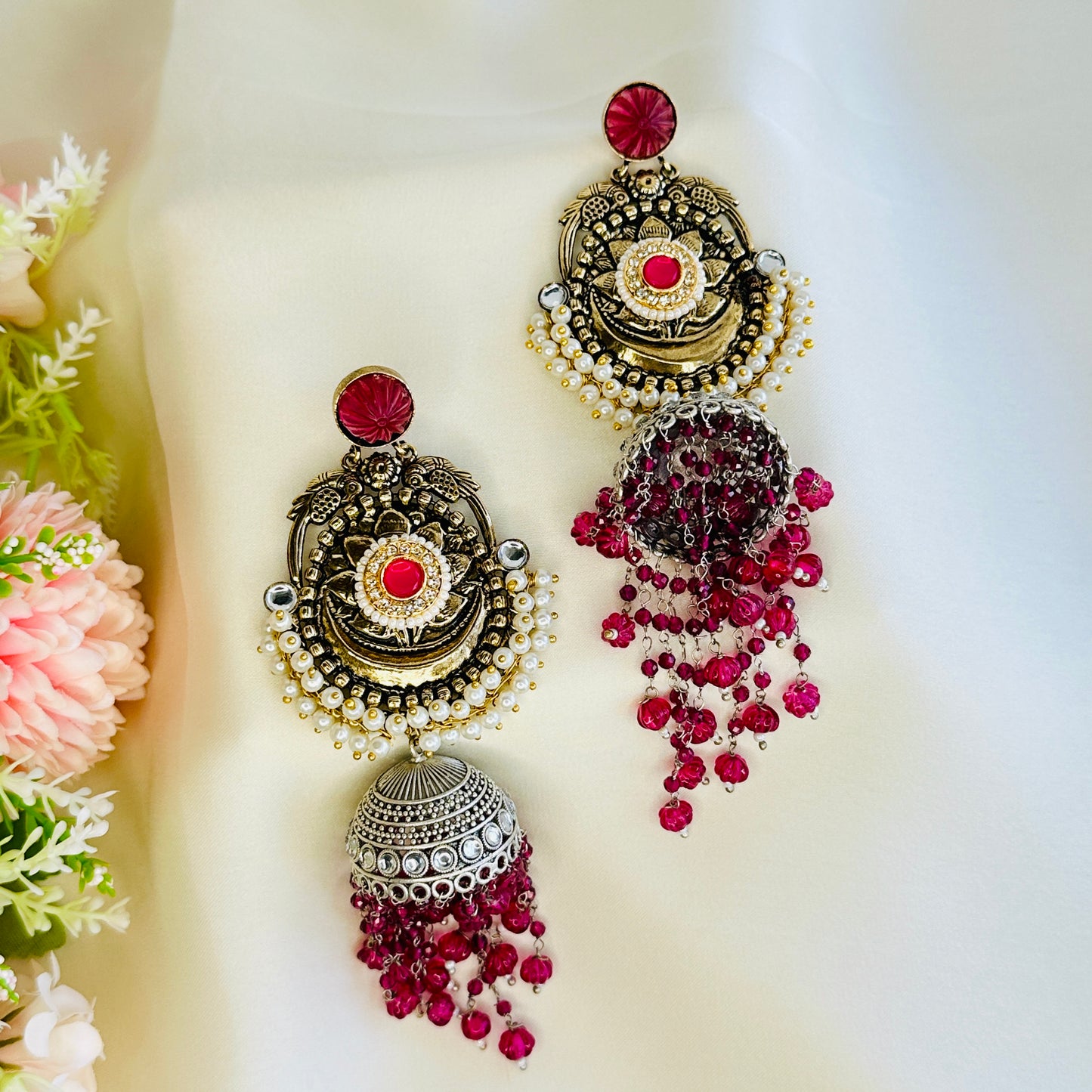 Dualtone Silver Replica Moti Jhumka Earrings