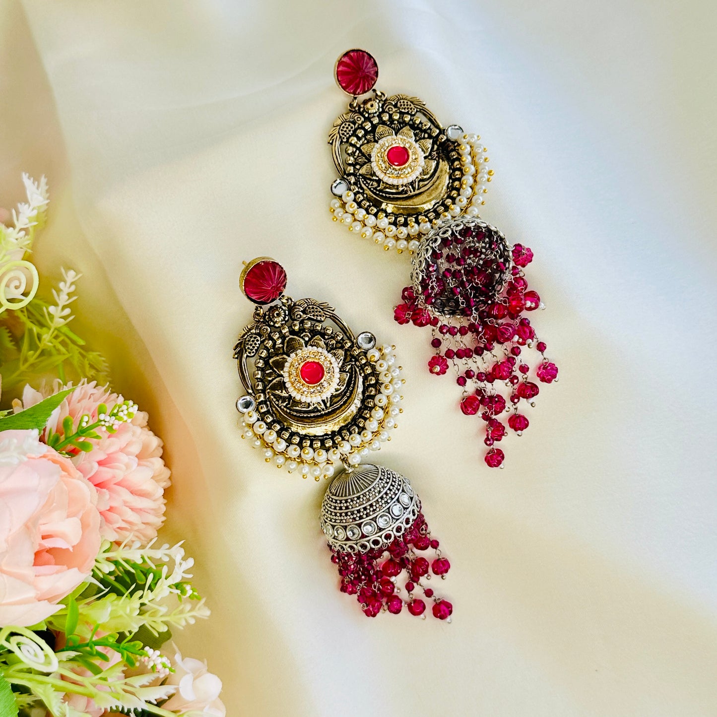 Dualtone Silver Replica Moti Jhumka Earrings