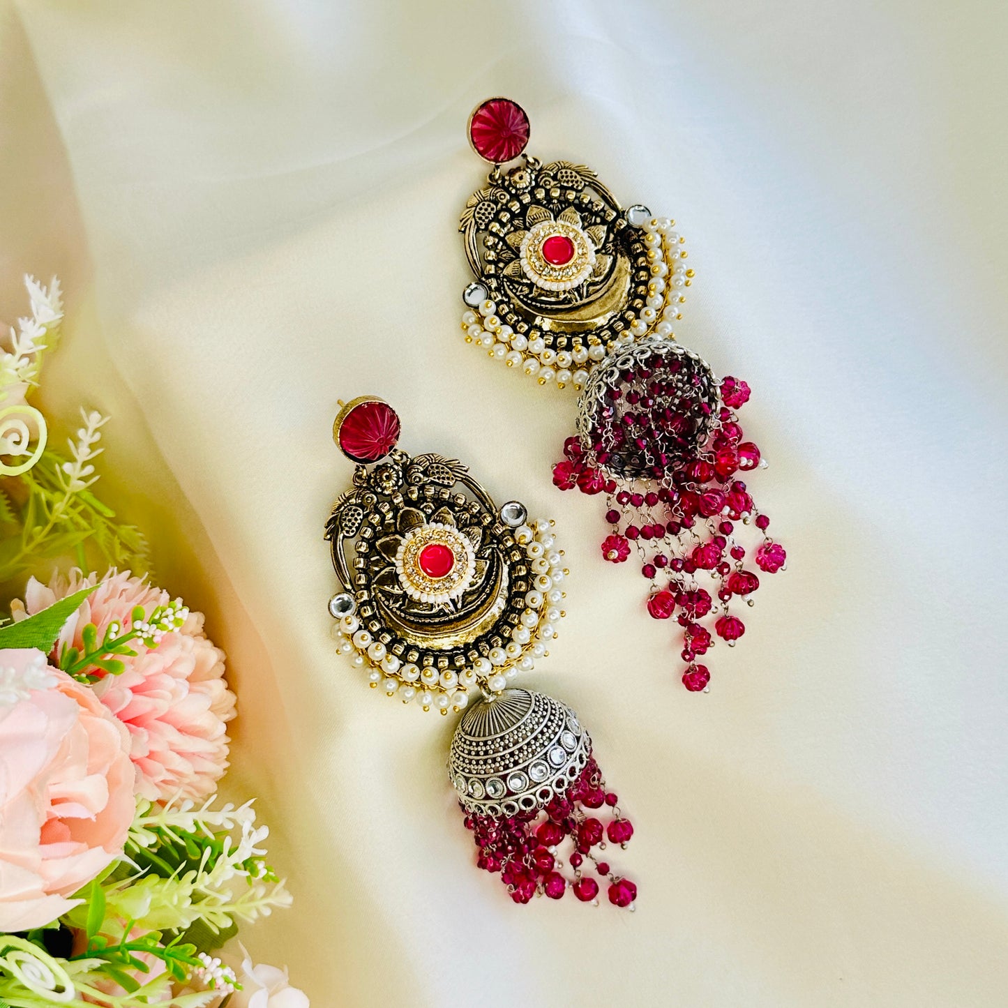 Dualtone Silver Replica Moti Jhumka Earrings