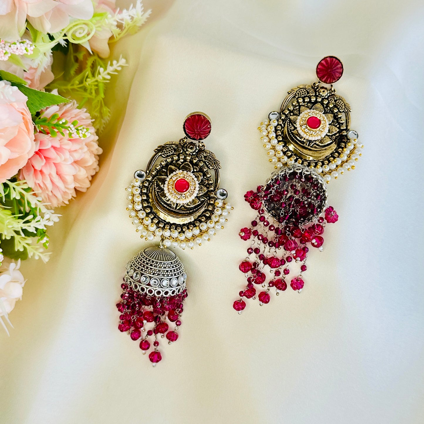 Dualtone Silver Replica Moti Jhumka Earrings