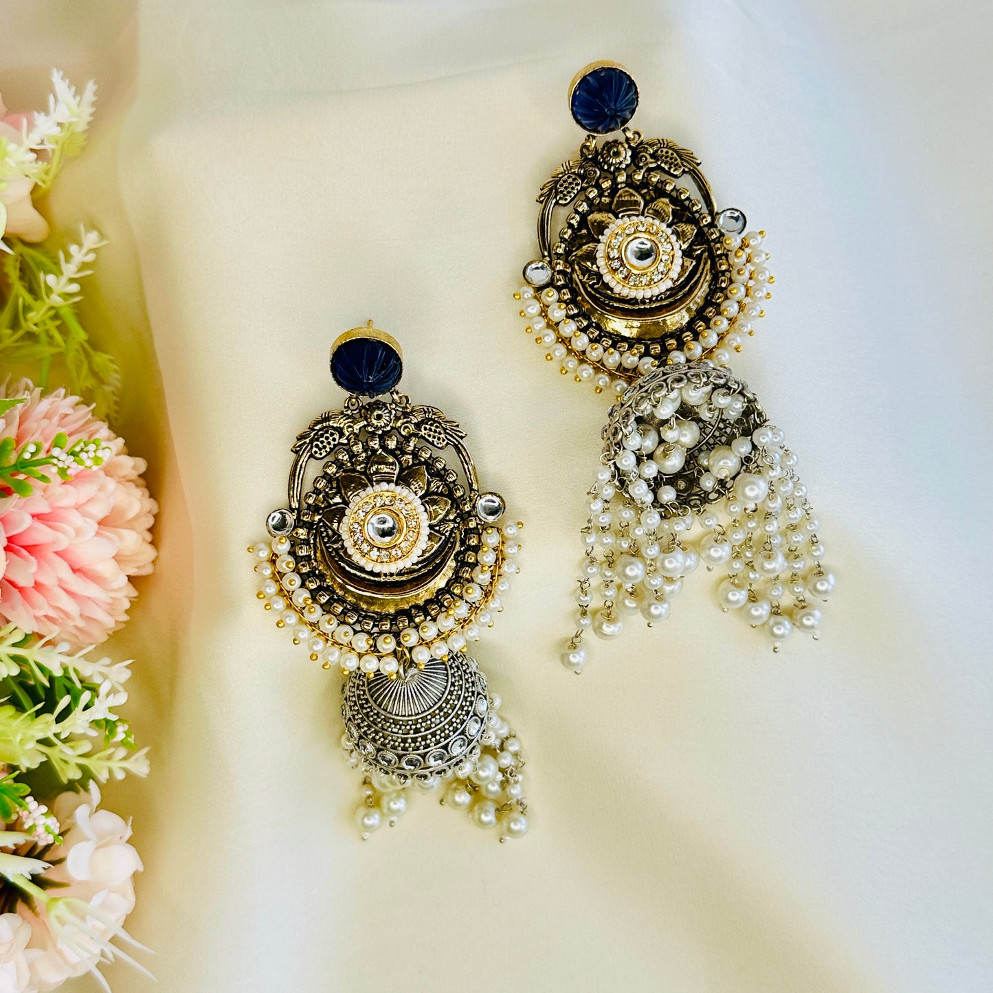 Dualtone Silver Replica Moti Jhumka Earrings