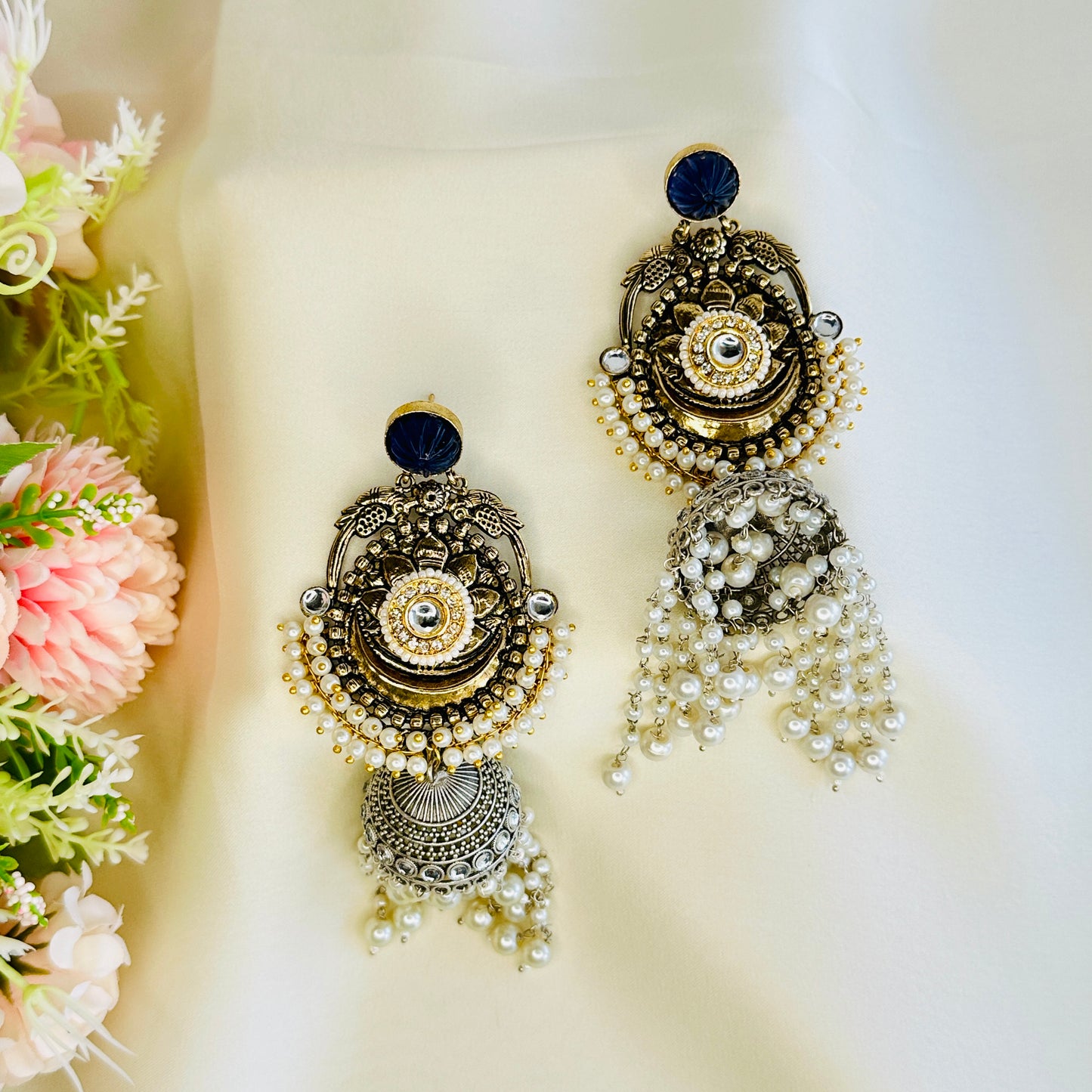 Dualtone Silver Replica Moti Jhumka Earrings