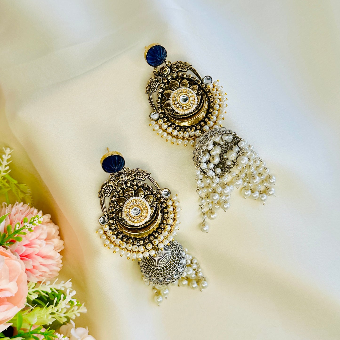 Dualtone Silver Replica Moti Jhumka Earrings