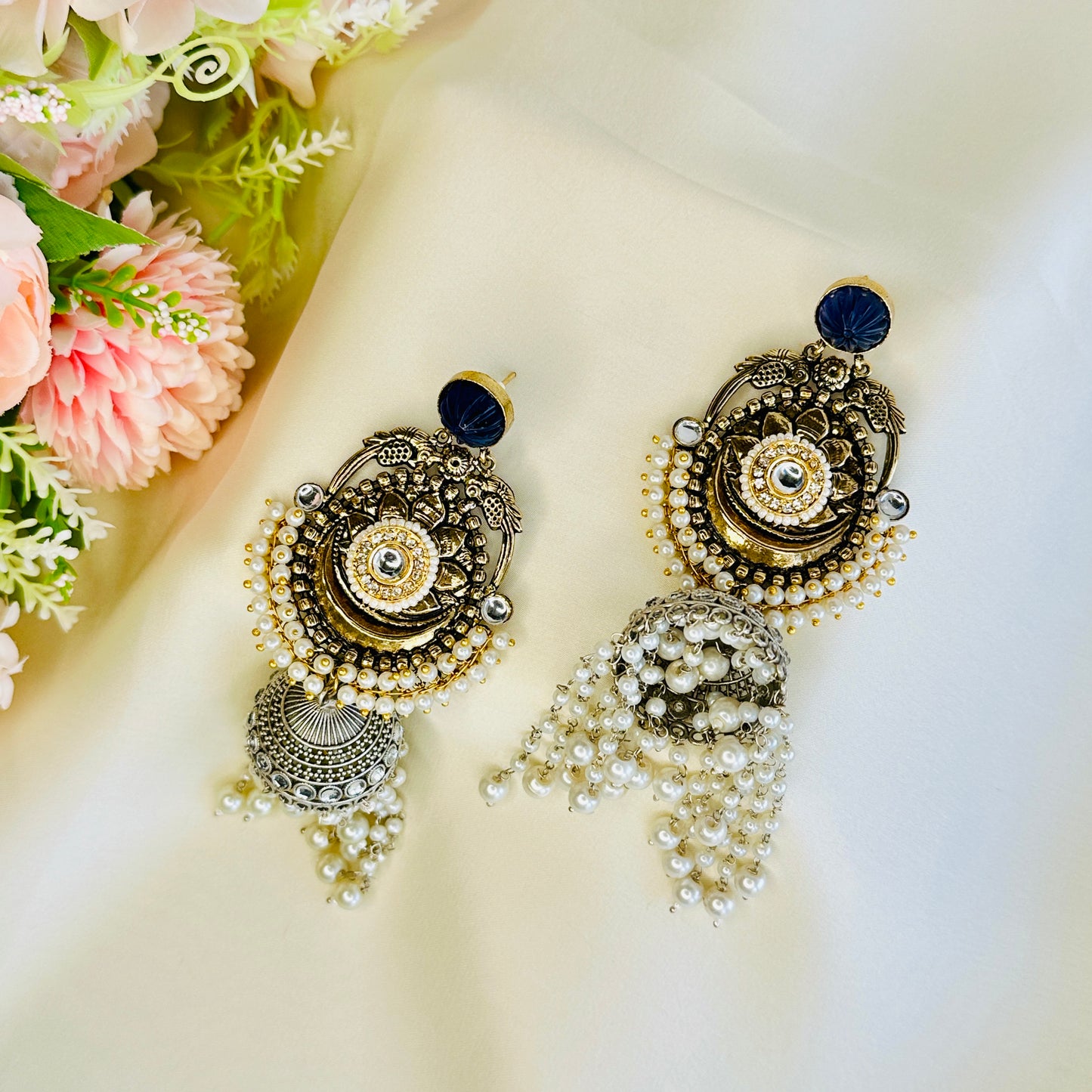 Dualtone Silver Replica Moti Jhumka Earrings