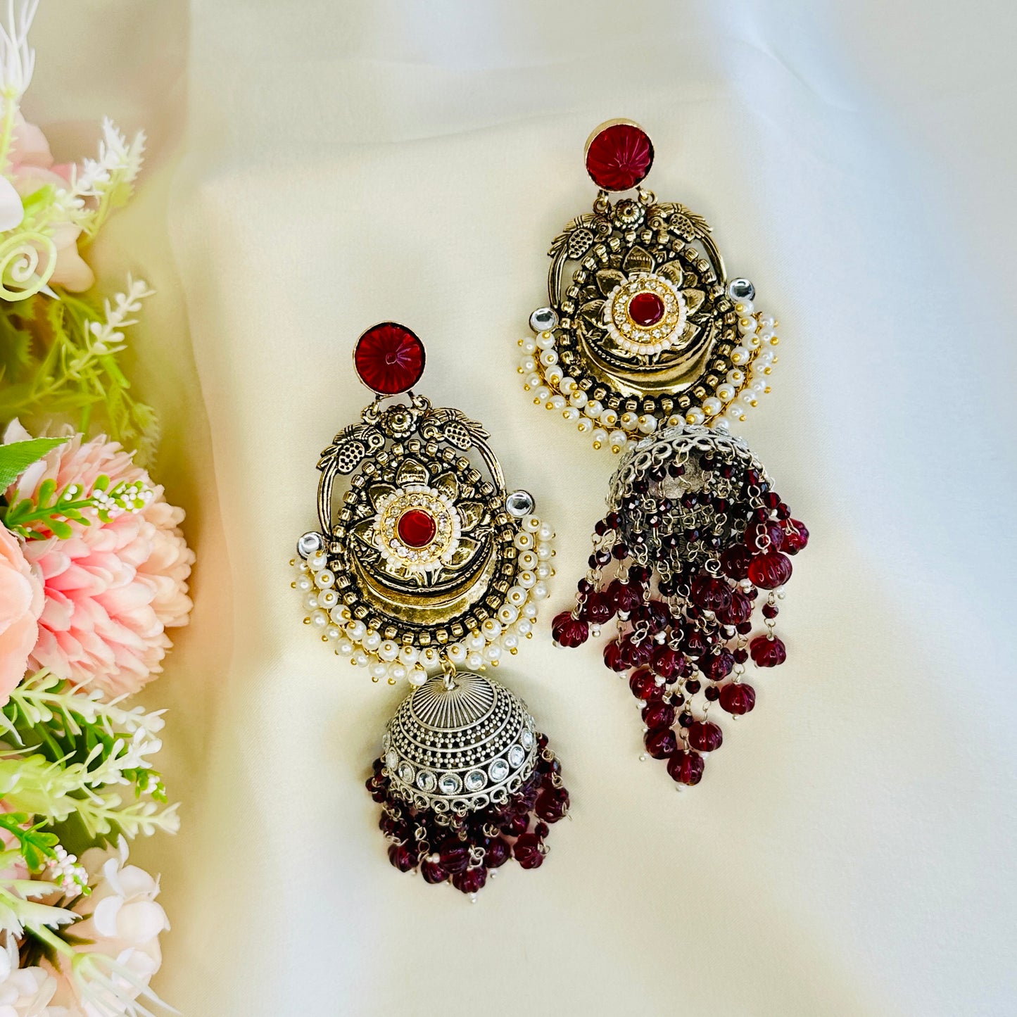 Dualtone Silver Replica Moti Jhumka Earrings