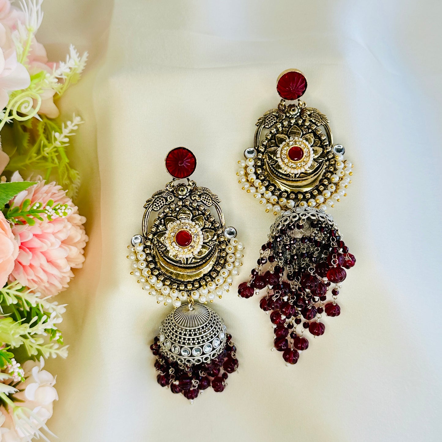 Dualtone Silver Replica Moti Jhumka Earrings