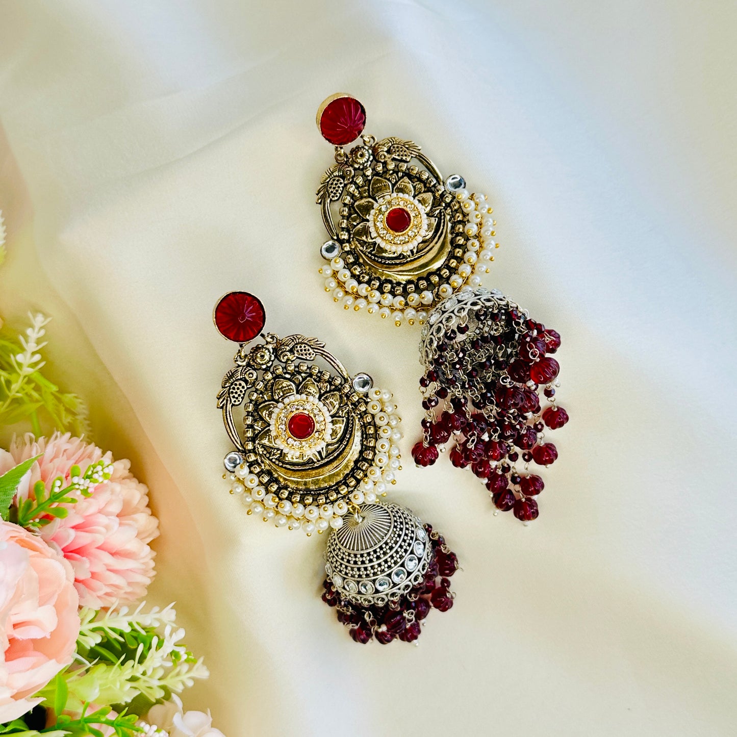 Dualtone Silver Replica Moti Jhumka Earrings
