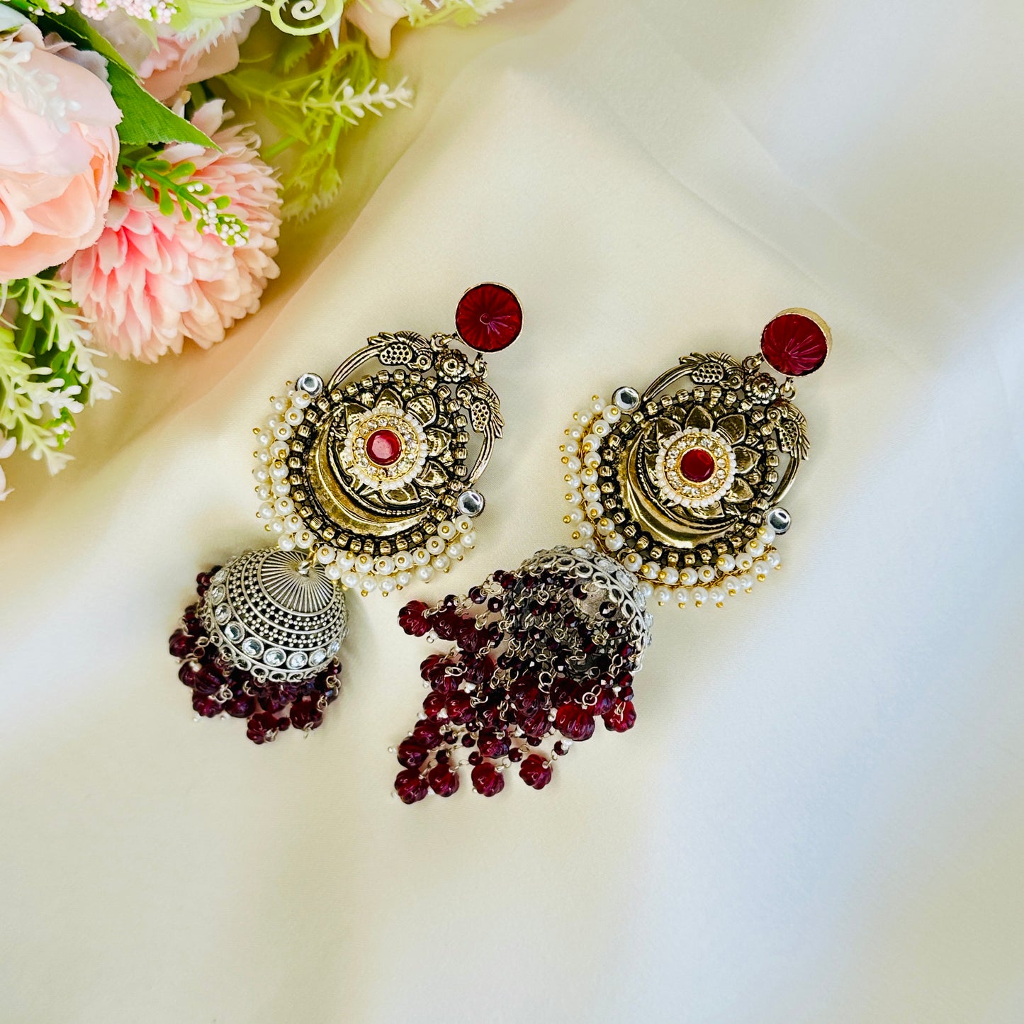 Dualtone Silver Replica Moti Jhumka Earrings