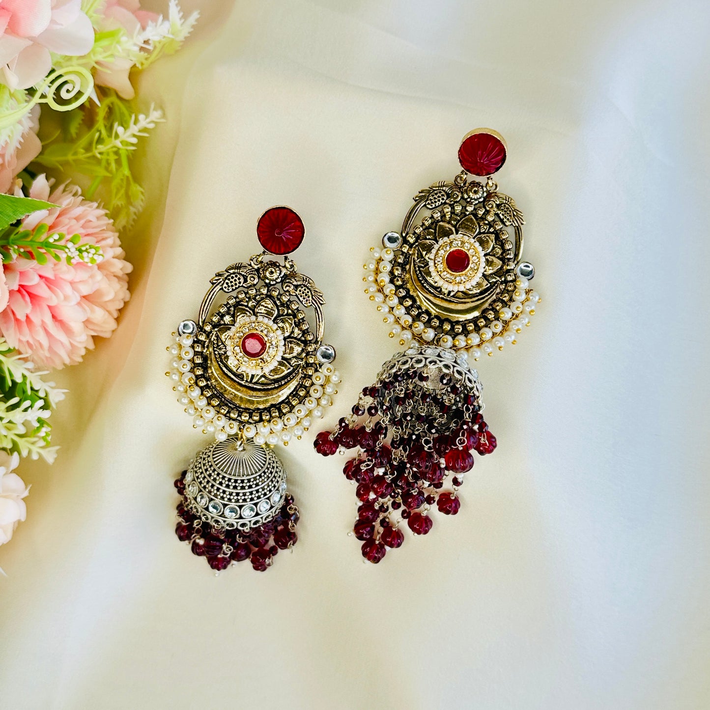 Dualtone Silver Replica Moti Jhumka Earrings