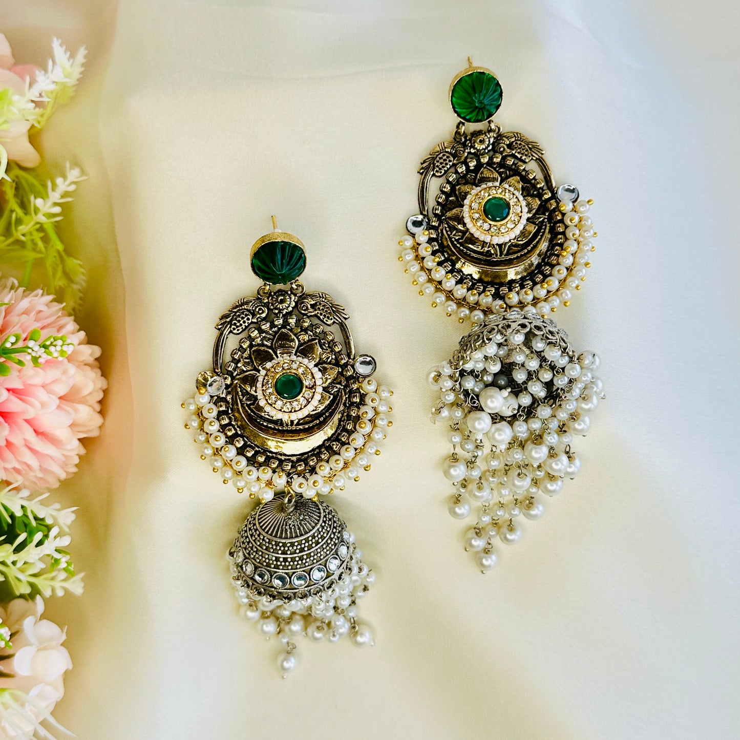 Dualtone Silver Replica Moti Jhumka Earrings