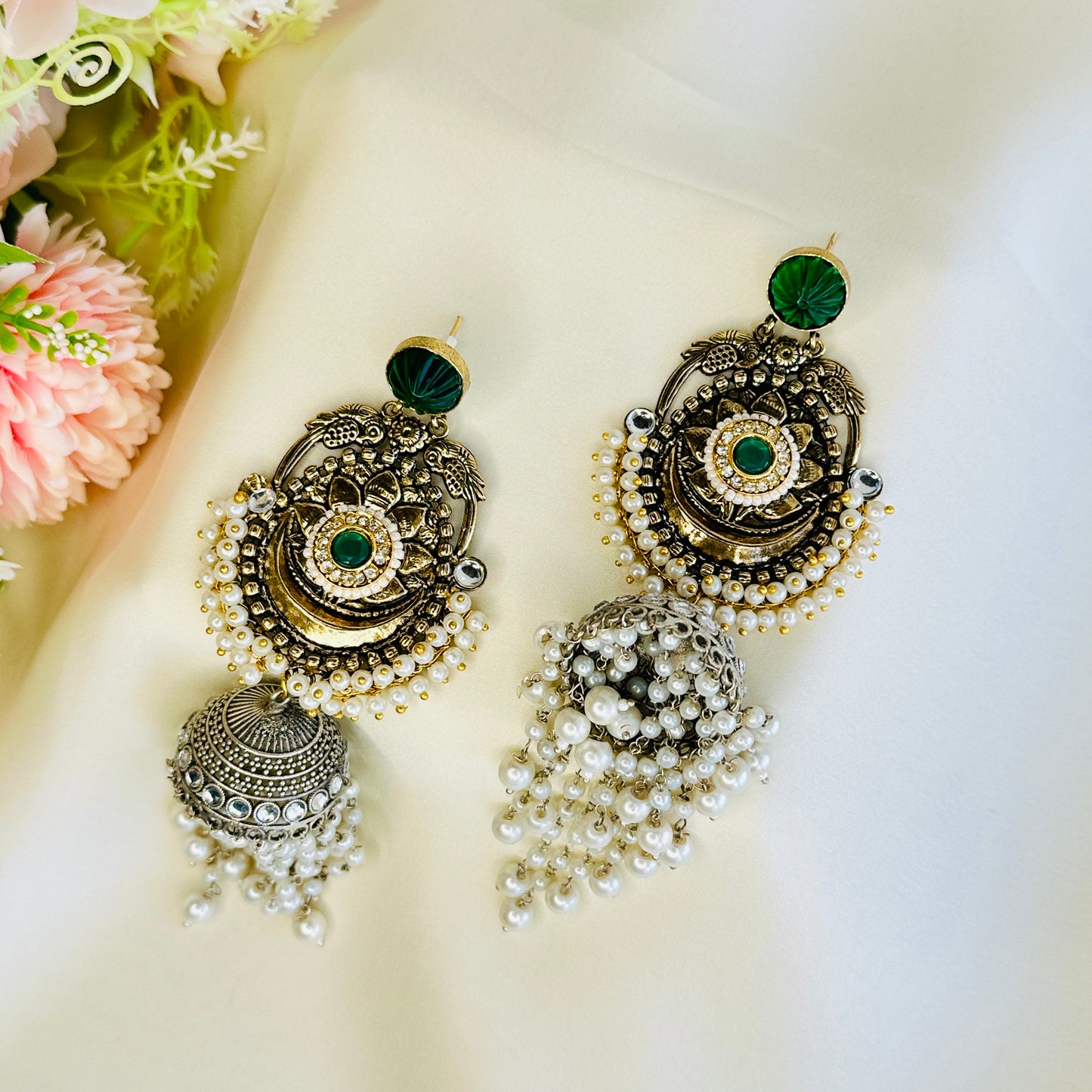 Dualtone Silver Replica Moti Jhumka Earrings