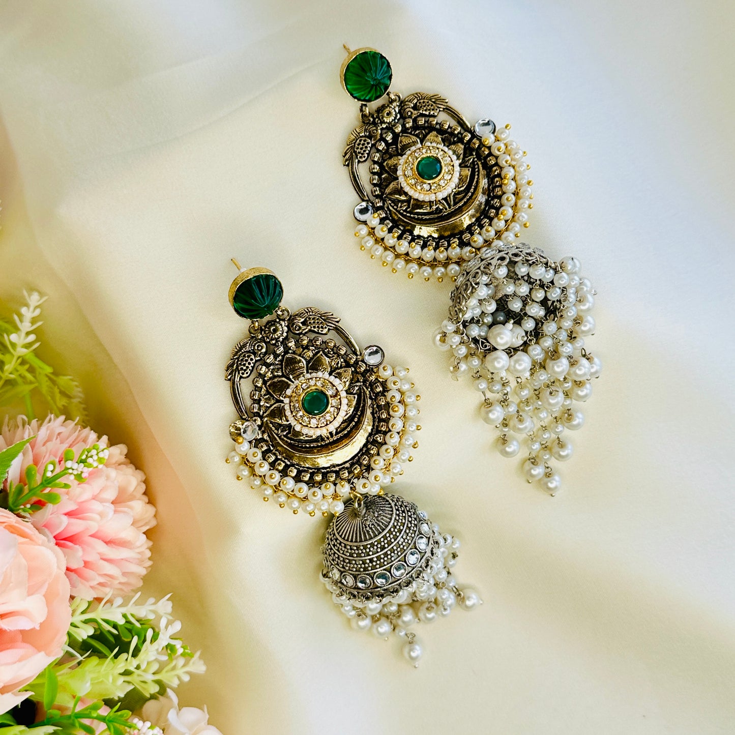 Dualtone Silver Replica Moti Jhumka Earrings