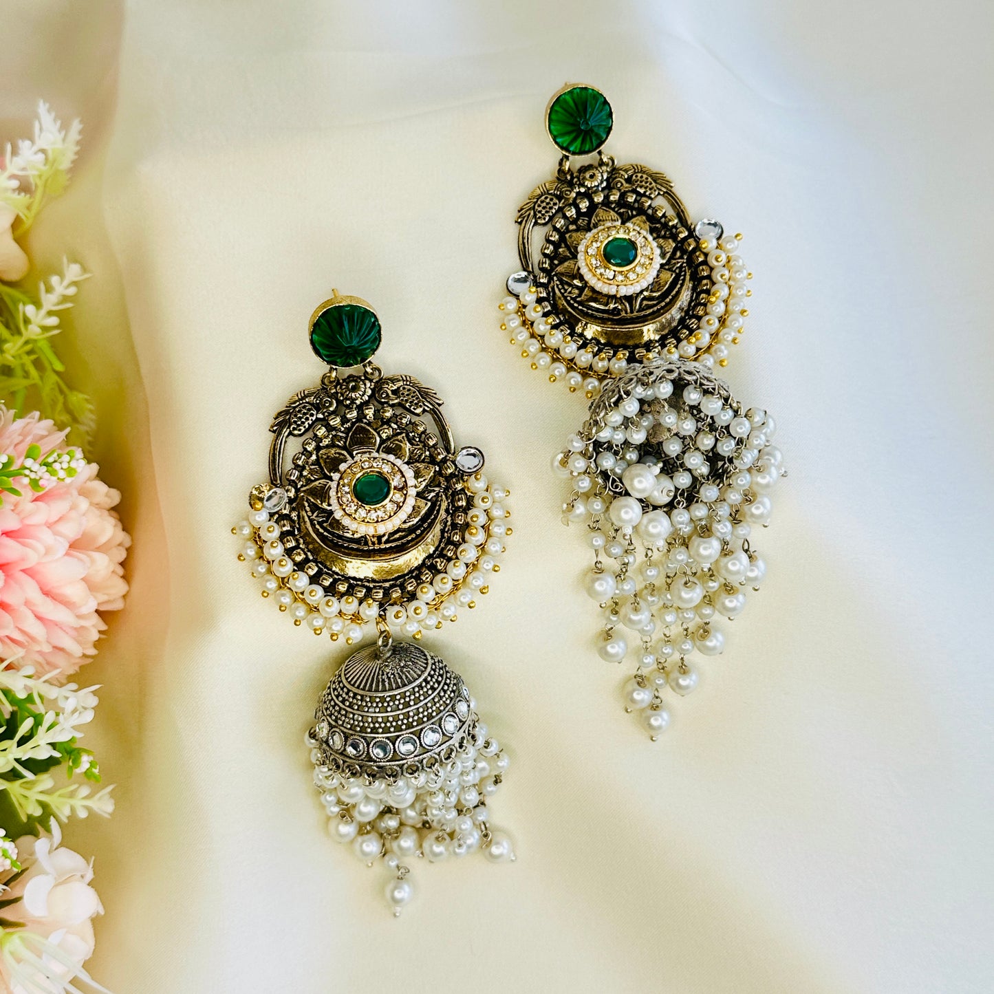 Dualtone Silver Replica Moti Jhumka Earrings