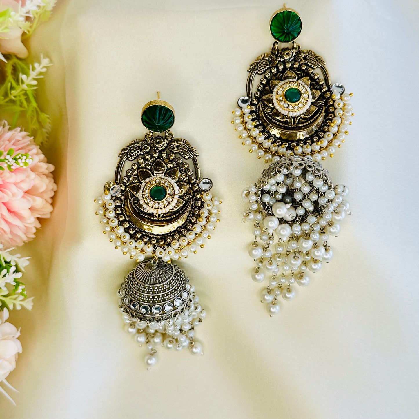 Dualtone Silver Replica Moti Jhumka Earrings