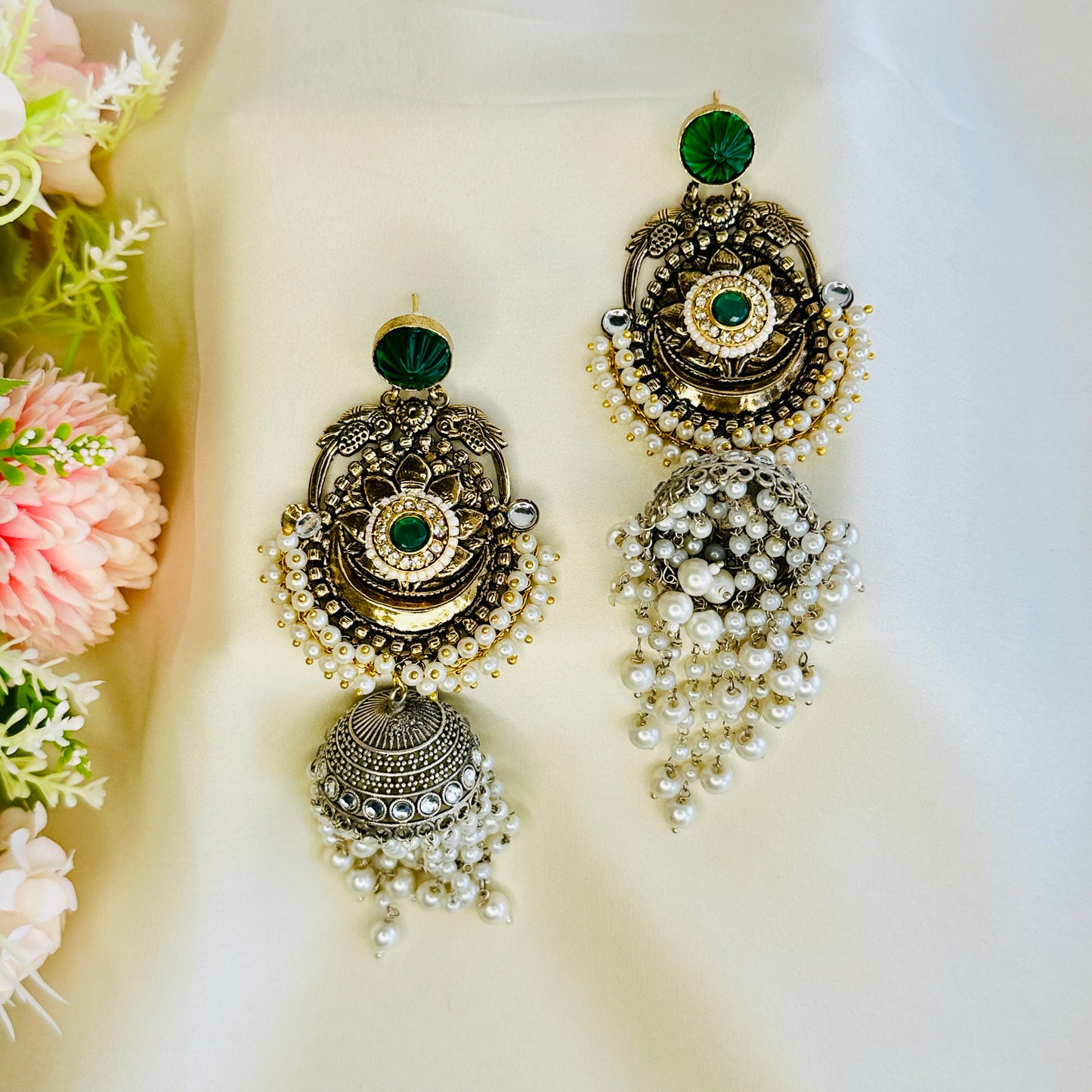 Dualtone Silver Replica Moti Jhumka Earrings