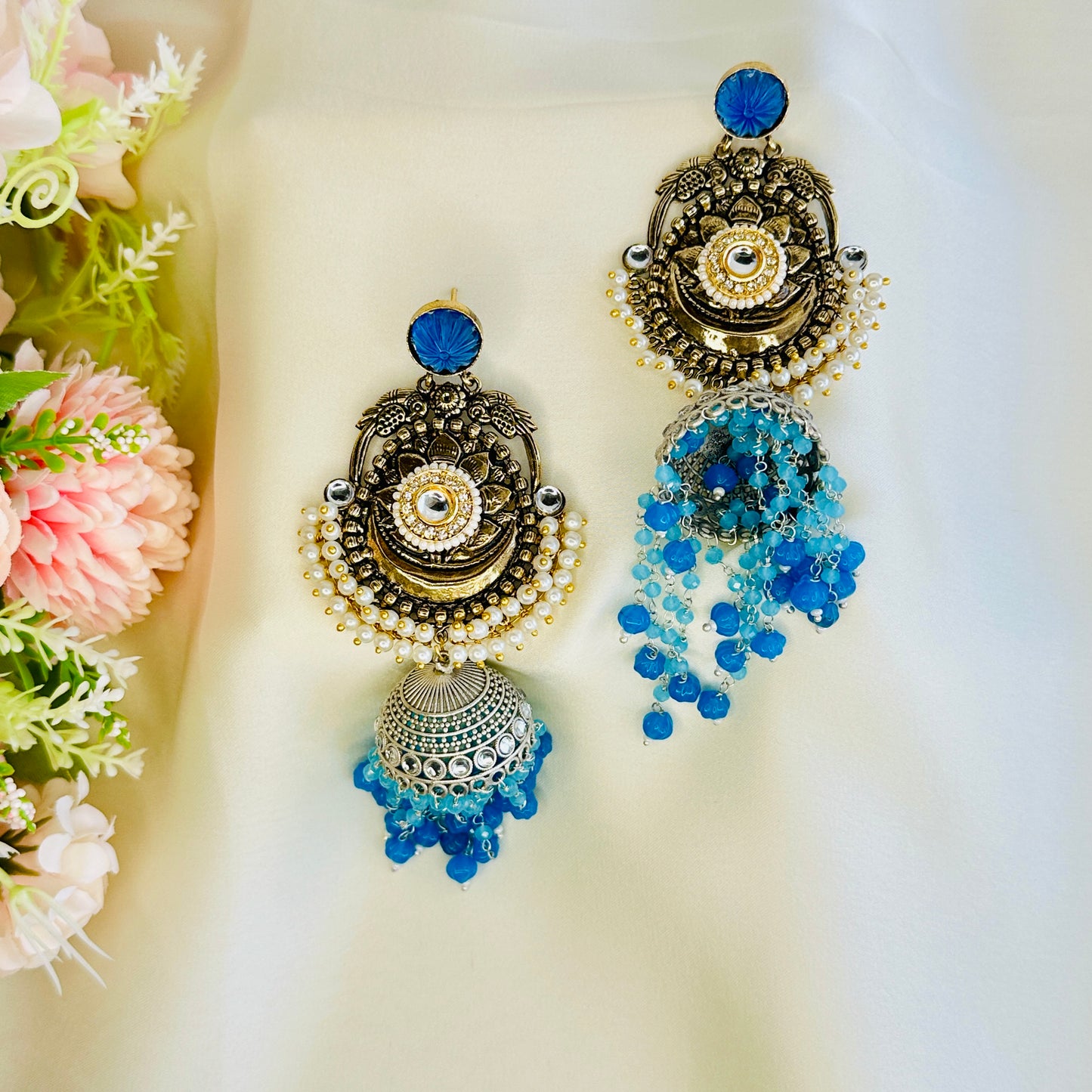 Dualtone Silver Replica Moti Jhumka Earrings
