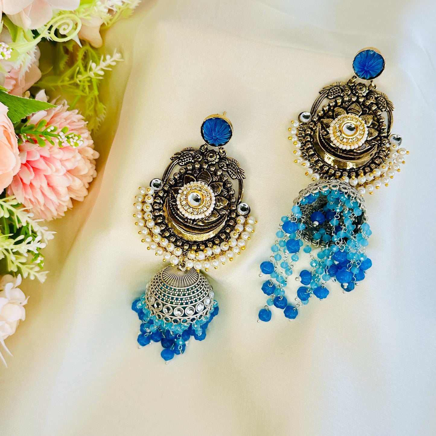 Dualtone Silver Replica Moti Jhumka Earrings