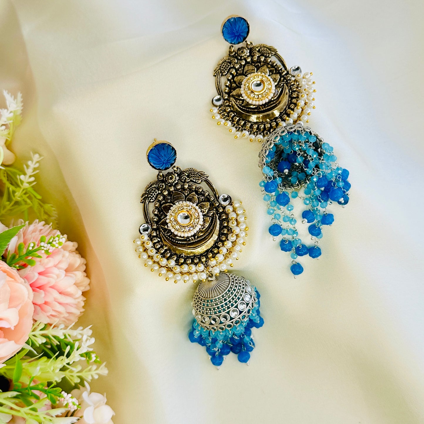 Dualtone Silver Replica Moti Jhumka Earrings