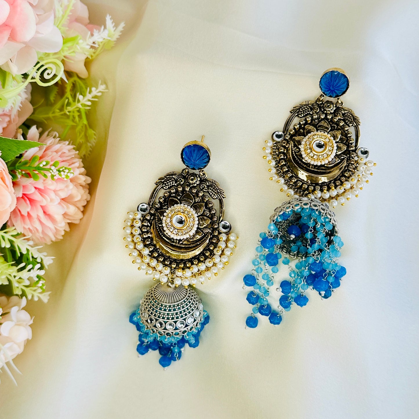 Dualtone Silver Replica Moti Jhumka Earrings