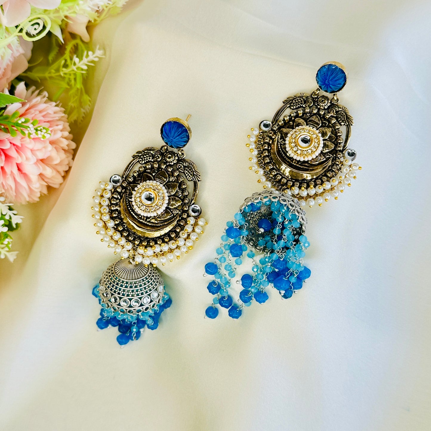 Dualtone Silver Replica Moti Jhumka Earrings