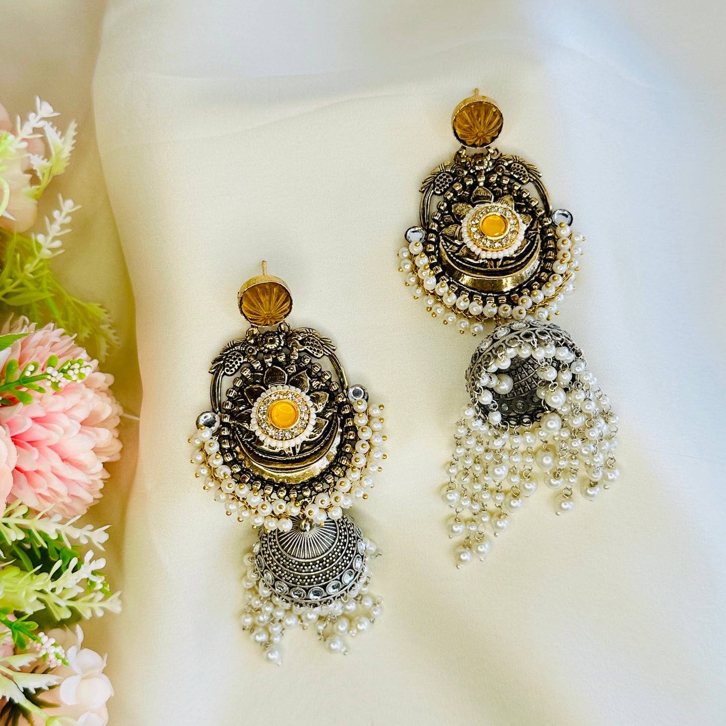 Dualtone Silver Replica Moti Jhumka Earrings