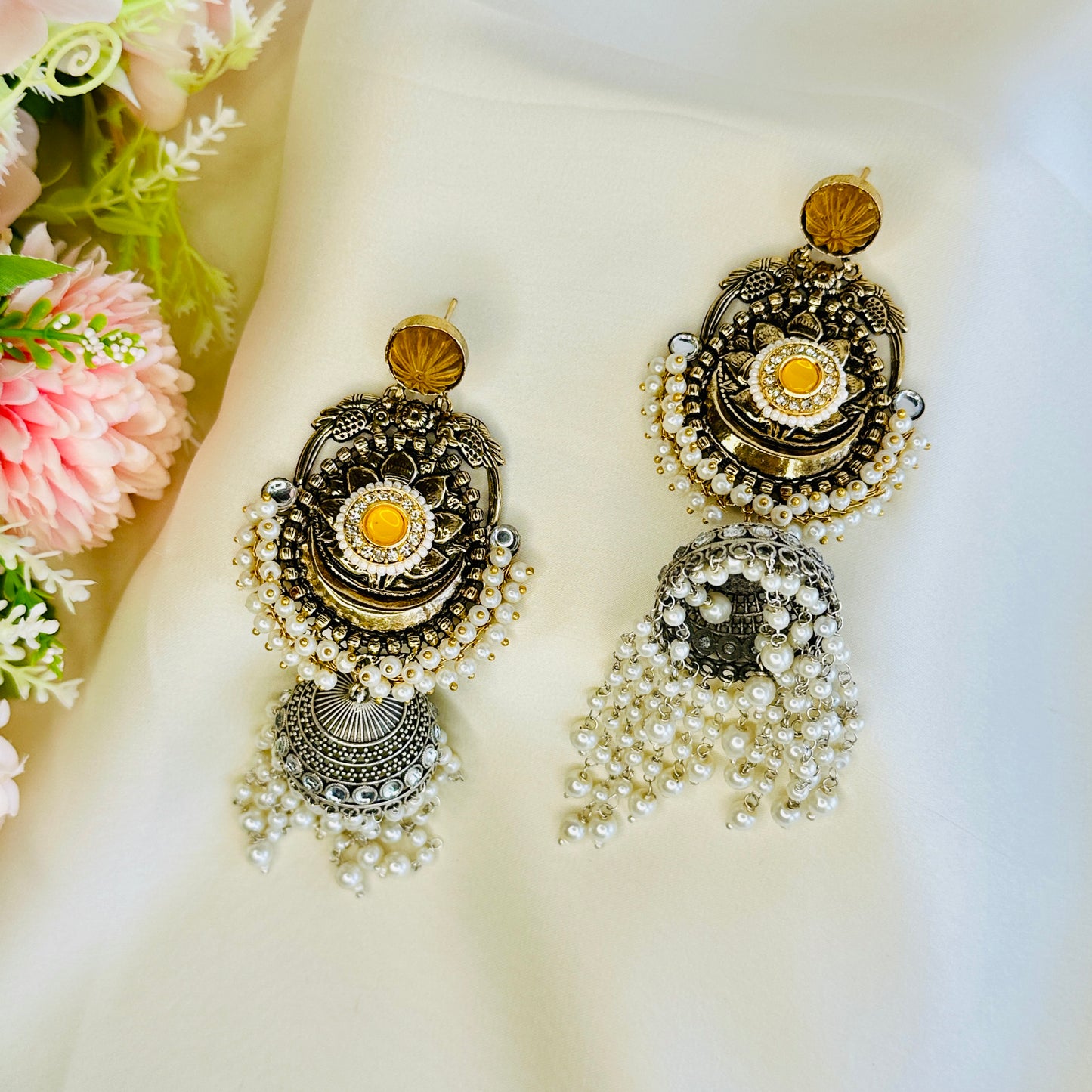 Dualtone Silver Replica Moti Jhumka Earrings