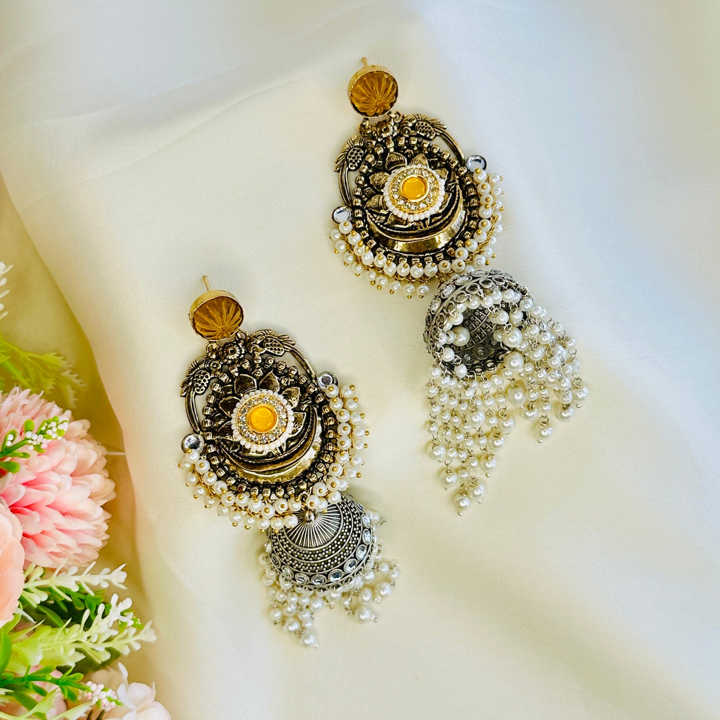 Dualtone Silver Replica Moti Jhumka Earrings
