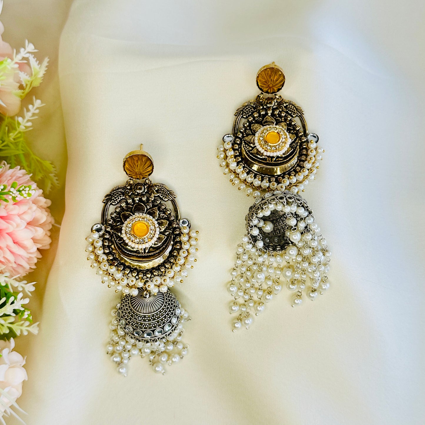 Dualtone Silver Replica Moti Jhumka Earrings