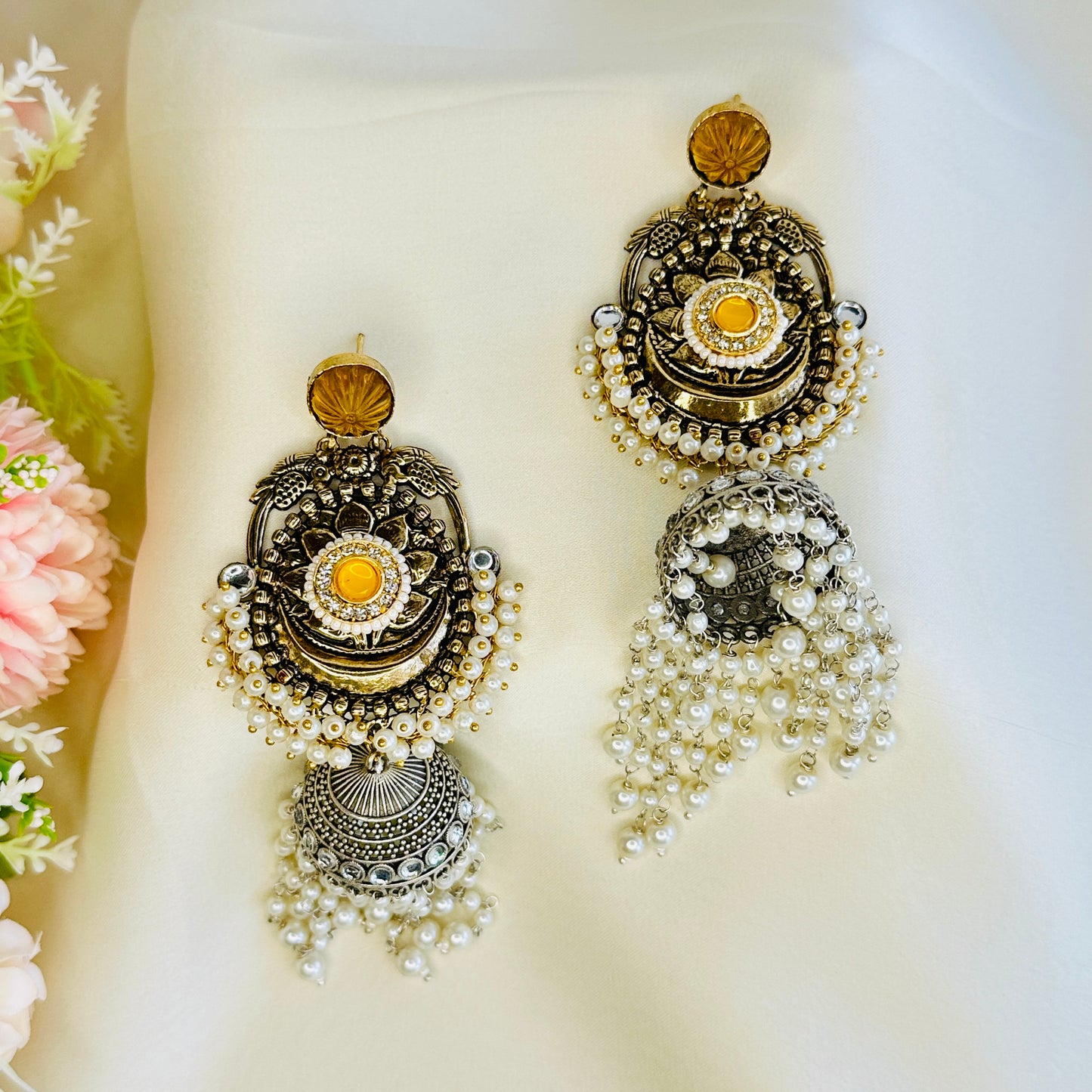 Dualtone Silver Replica Moti Jhumka Earrings