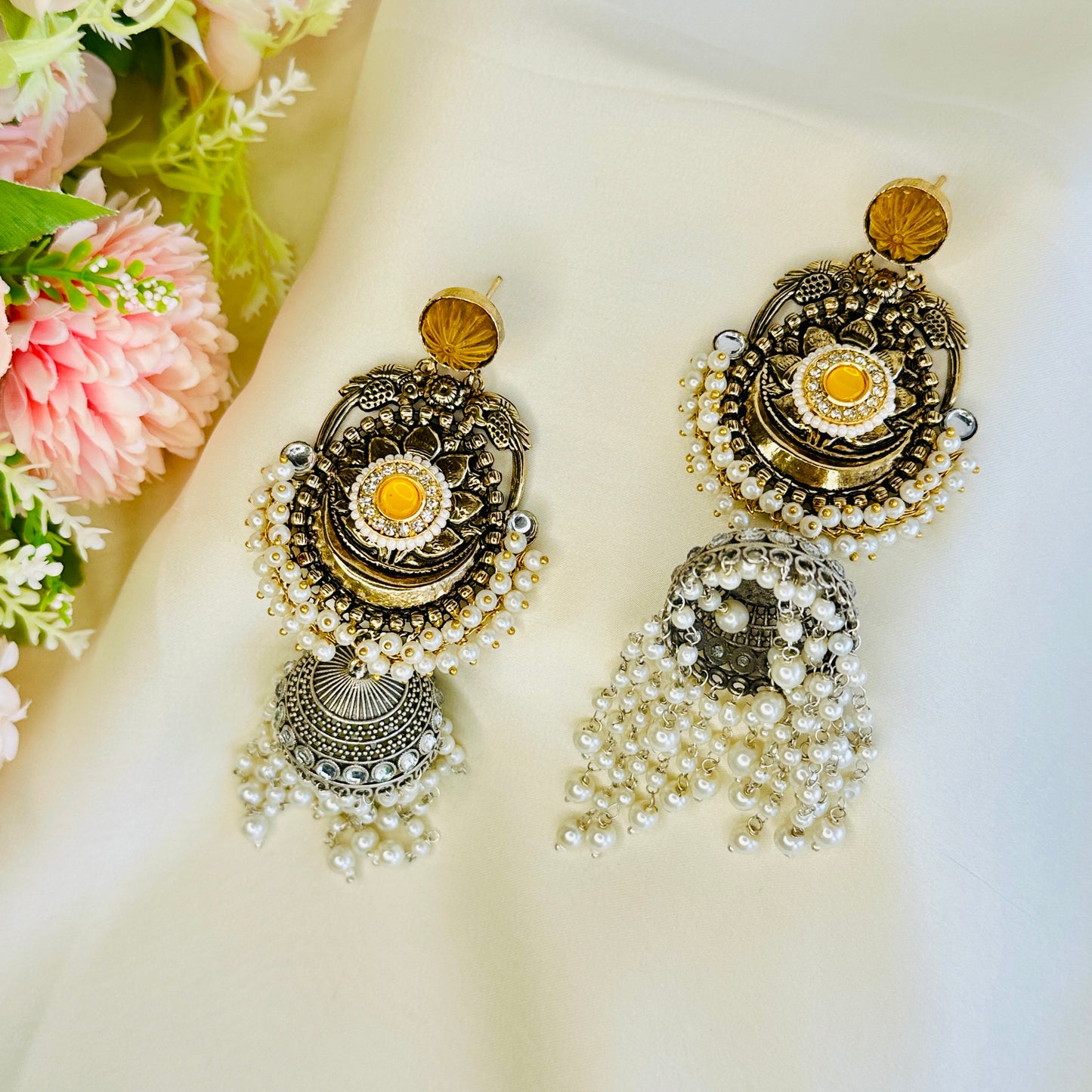 Dualtone Silver Replica Moti Jhumka Earrings
